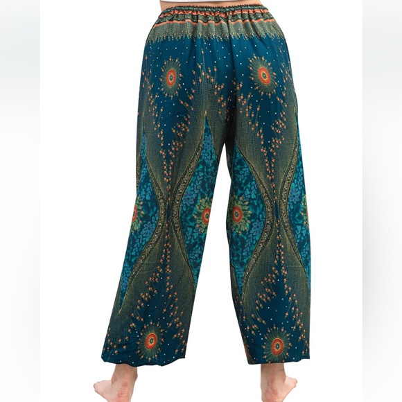 Majestic Peacock Boho Festival Hippie Indie Gypsy Harlem Palazzo Pants Green S M - Picture 13 of 14